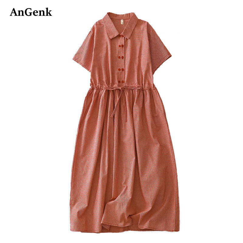 Summer Clothing Drawing - Katoenen korte mouw vintage geruite zomerjurken